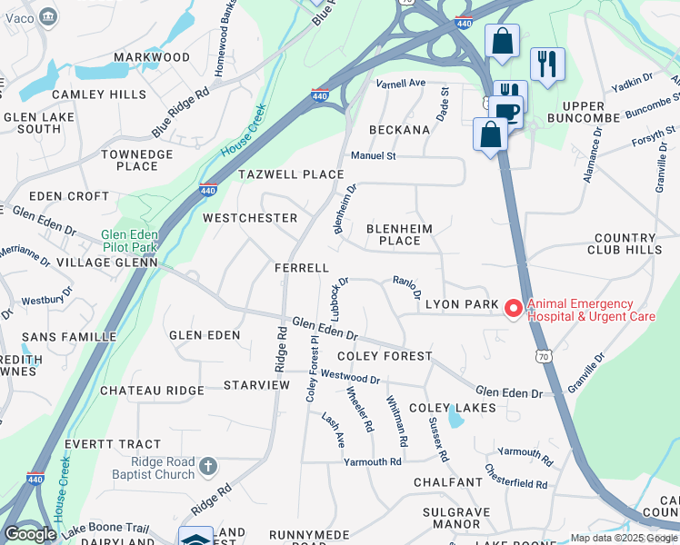 map of restaurants, bars, coffee shops, grocery stores, and more near 3628 Lubbock Drive in Raleigh