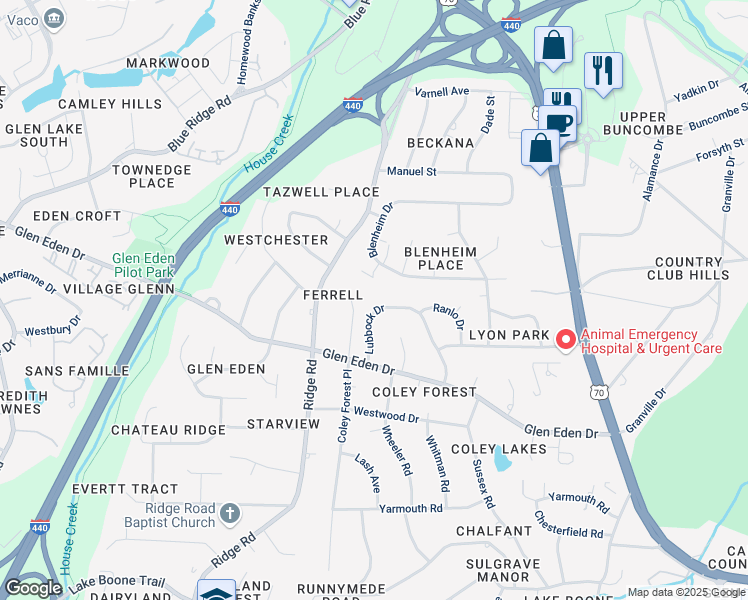 map of restaurants, bars, coffee shops, grocery stores, and more near 3628 Lubbock Drive in Raleigh