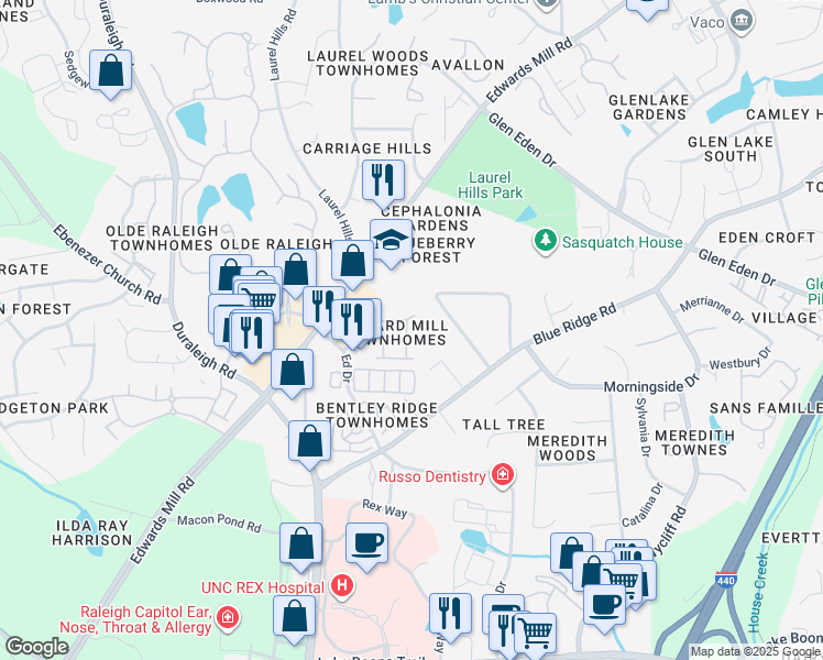 map of restaurants, bars, coffee shops, grocery stores, and more near 4030 Abbey Park Way in Raleigh