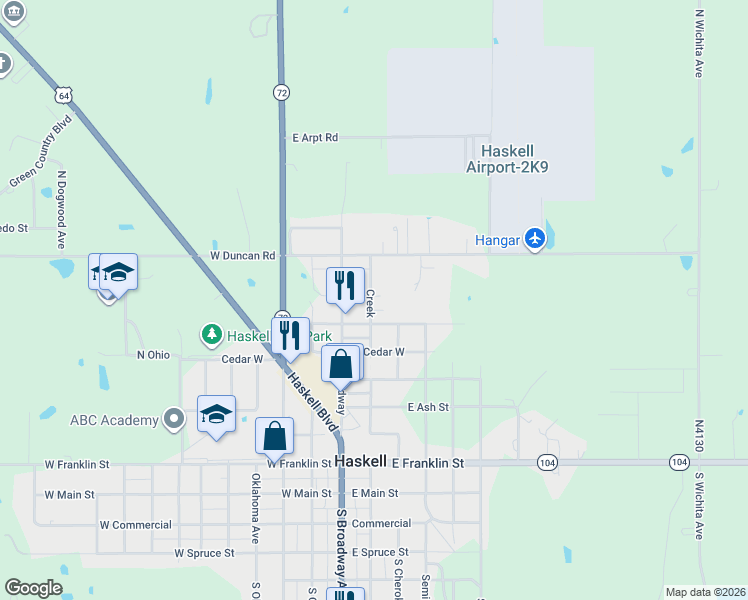 map of restaurants, bars, coffee shops, grocery stores, and more near 723 Creek in Haskell