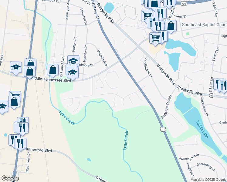map of restaurants, bars, coffee shops, grocery stores, and more near 701 Saratoga Drive in Murfreesboro