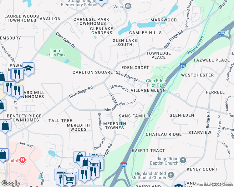 map of restaurants, bars, coffee shops, grocery stores, and more near 3117 Morningside Drive in Raleigh