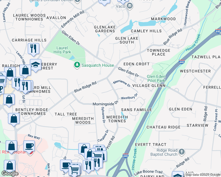 map of restaurants, bars, coffee shops, grocery stores, and more near 3102 Morningside Drive in Raleigh