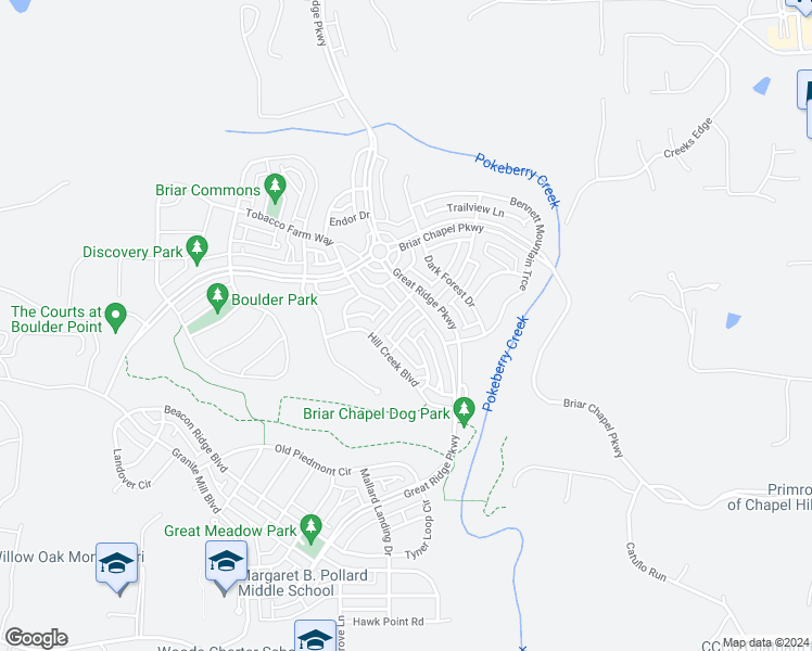 map of restaurants, bars, coffee shops, grocery stores, and more near 50 Tabardry Mill Port in Chapel Hill