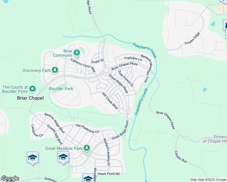 map of restaurants, bars, coffee shops, grocery stores, and more near 50 Tabardry Mill Port in Chapel Hill