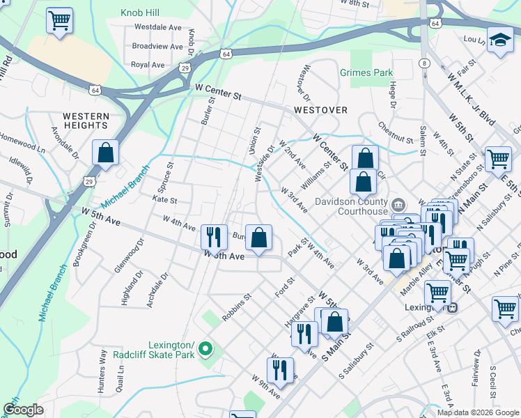 map of restaurants, bars, coffee shops, grocery stores, and more near 411 Westside Drive in Lexington