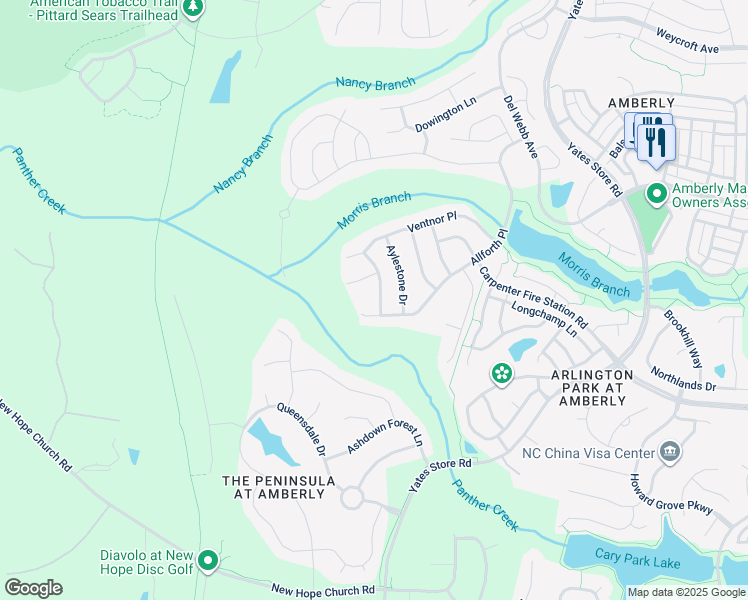 map of restaurants, bars, coffee shops, grocery stores, and more near 705 Arbor Brook Drive in Cary