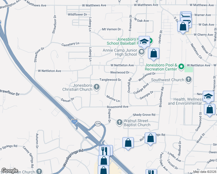 map of restaurants, bars, coffee shops, grocery stores, and more near 1606 Briarwood Drive in Jonesboro