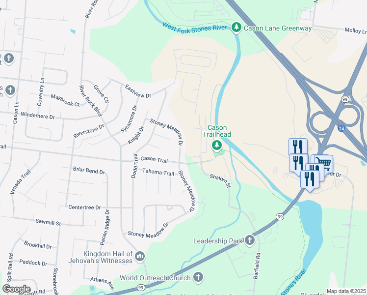 map of restaurants, bars, coffee shops, grocery stores, and more near 1937 Stoney Meadow Drive in Murfreesboro