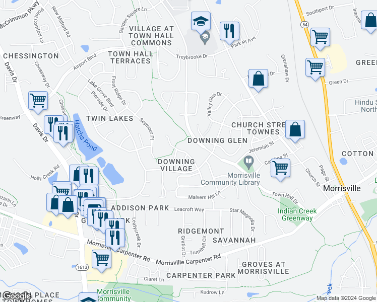 map of restaurants, bars, coffee shops, grocery stores, and more near 300 Plank Bridge Way in Morrisville