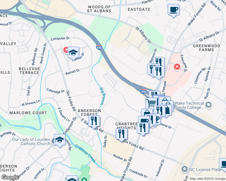 map of restaurants, bars, coffee shops, grocery stores, and more near 902 Wake Towne Drive in Raleigh