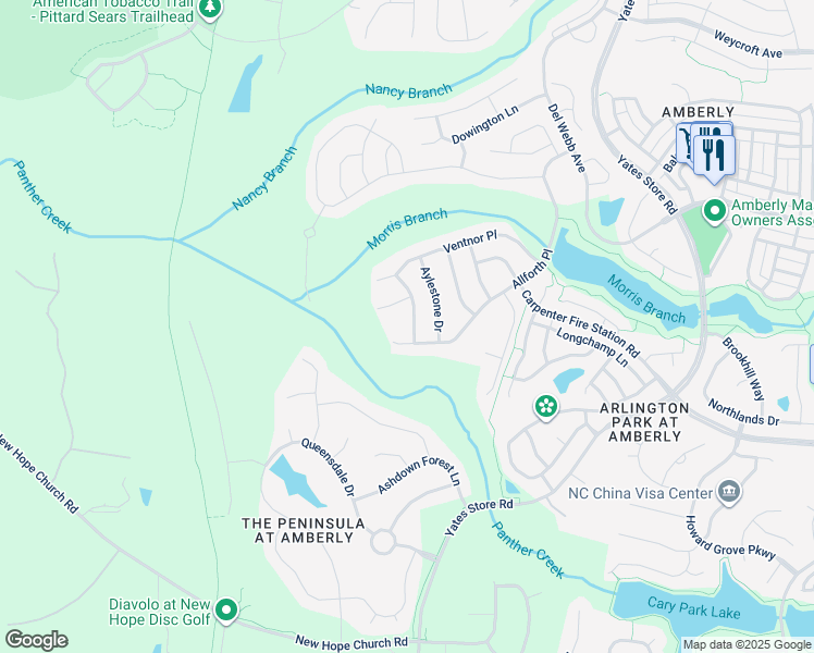 map of restaurants, bars, coffee shops, grocery stores, and more near 705 Arbor Brook Drive in Cary