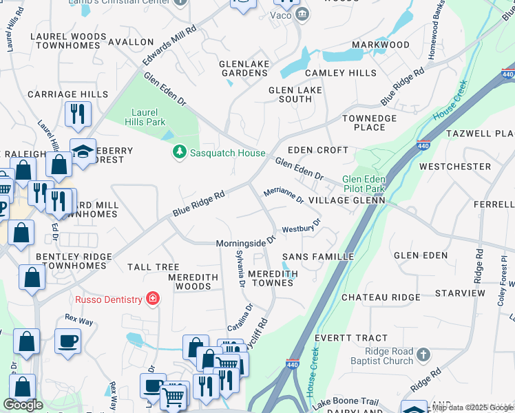map of restaurants, bars, coffee shops, grocery stores, and more near 3102 Morningside Drive in Raleigh