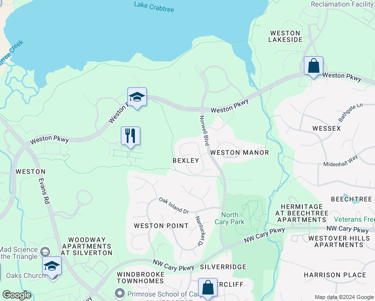 map of restaurants, bars, coffee shops, grocery stores, and more near 405 Braswell Brook Court in Cary