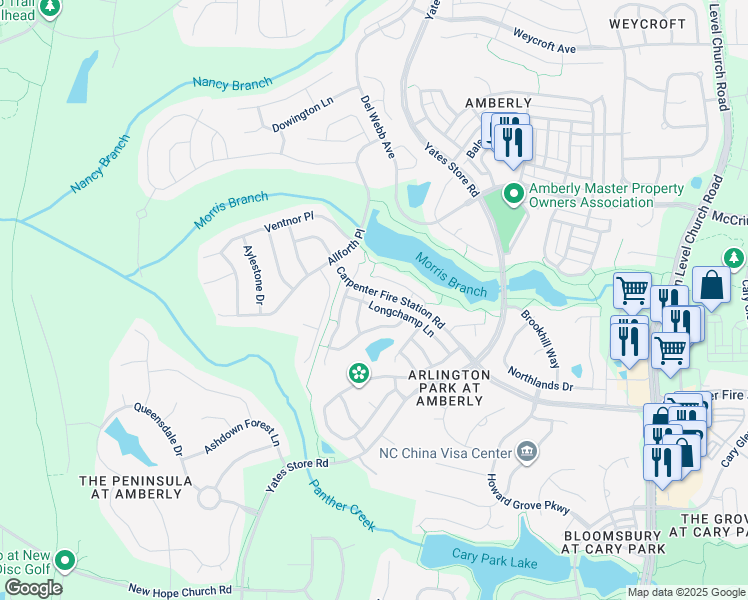 map of restaurants, bars, coffee shops, grocery stores, and more near 340 Longchamp Lane in Cary