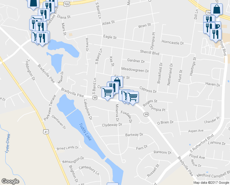 map of restaurants, bars, coffee shops, grocery stores, and more near 1614 Cypress Drive in Murfreesboro