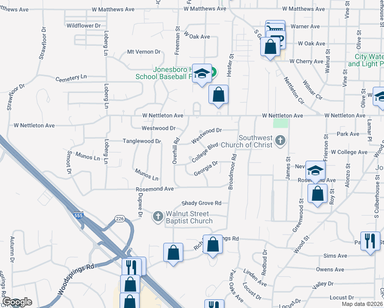 map of restaurants, bars, coffee shops, grocery stores, and more near 1814 College Cove in Jonesboro
