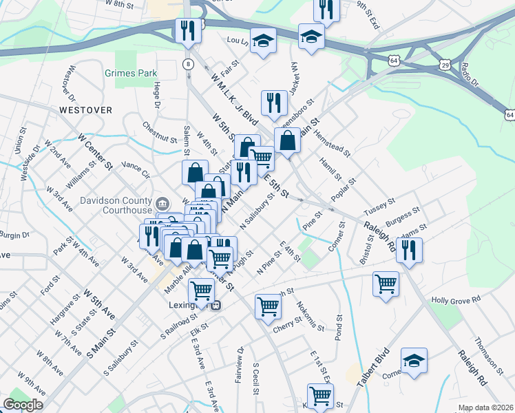 map of restaurants, bars, coffee shops, grocery stores, and more near 401 North Salisbury Street in Lexington