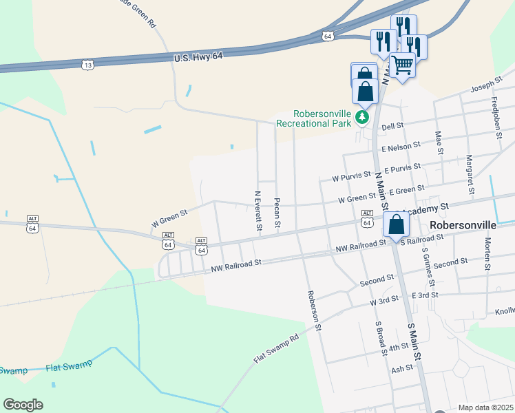 map of restaurants, bars, coffee shops, grocery stores, and more near 299 North Everett Street in Robersonville