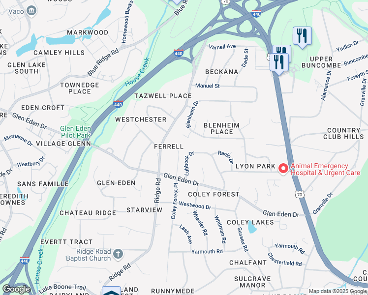 map of restaurants, bars, coffee shops, grocery stores, and more near 3628 Lubbock Drive in Raleigh