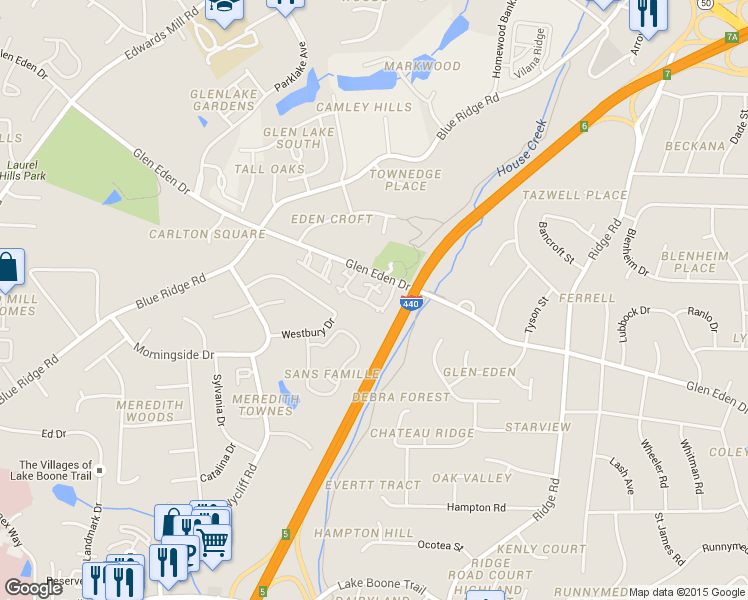 map of restaurants, bars, coffee shops, grocery stores, and more near 1526 Village Glen Drive in Raleigh