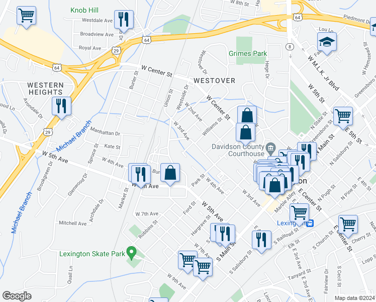 map of restaurants, bars, coffee shops, grocery stores, and more near 303 Rosemary Drive in Lexington