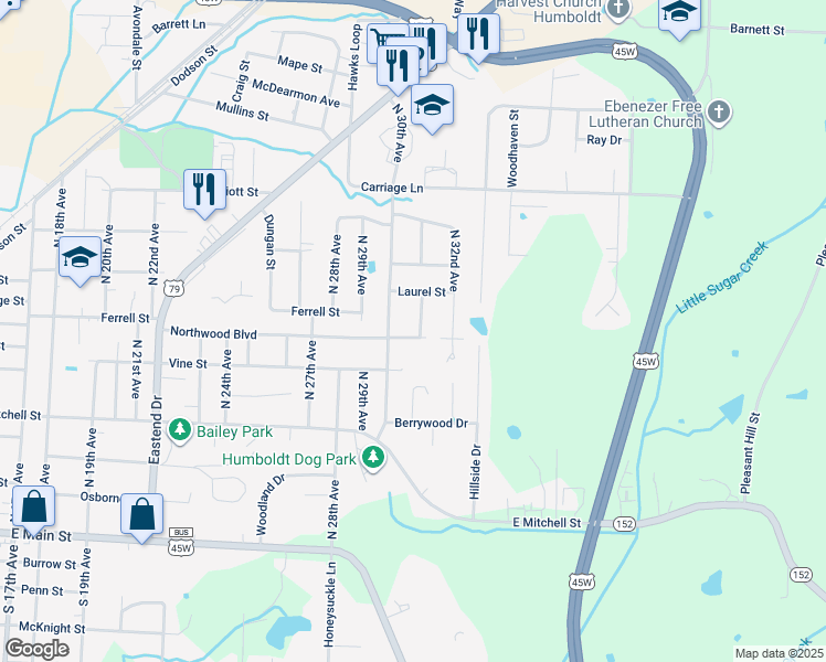 map of restaurants, bars, coffee shops, grocery stores, and more near 3017 Northwood Boulevard in Humboldt