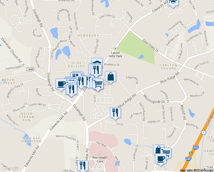 map of restaurants, bars, coffee shops, grocery stores, and more near 3513 Edgemont Drive in Raleigh