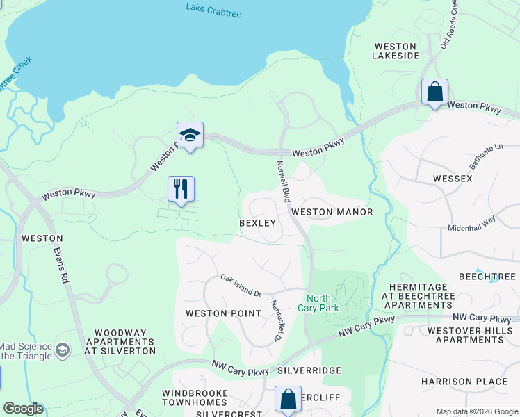 map of restaurants, bars, coffee shops, grocery stores, and more near in Cary
