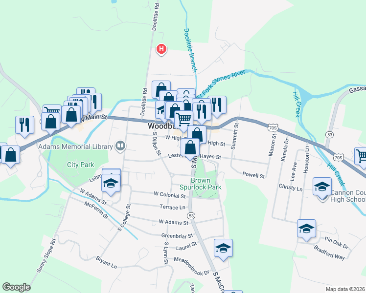 map of restaurants, bars, coffee shops, grocery stores, and more near 119 West High Street in Woodbury
