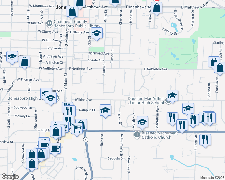 map of restaurants, bars, coffee shops, grocery stores, and more near 508 East College Avenue in Jonesboro