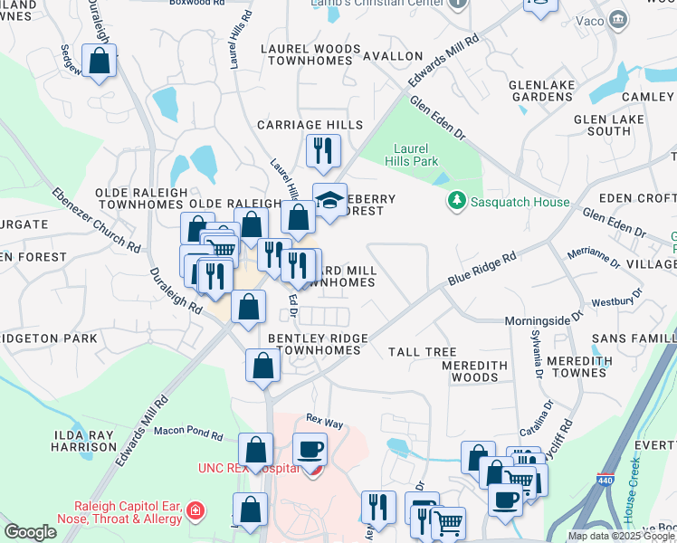 map of restaurants, bars, coffee shops, grocery stores, and more near 3505 Edgemont Drive in Raleigh