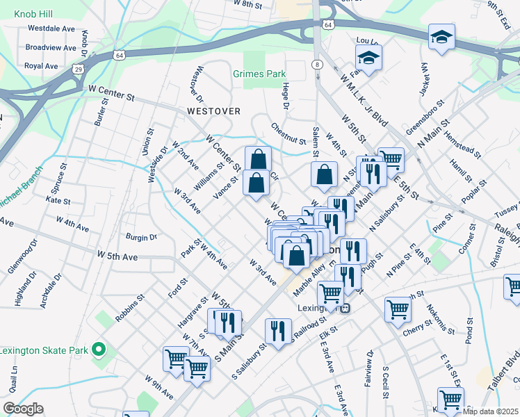 map of restaurants, bars, coffee shops, grocery stores, and more near 139 West 1st Avenue in Lexington