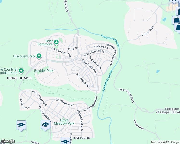 map of restaurants, bars, coffee shops, grocery stores, and more near 11 Tabardry Mill Port in Chapel Hill
