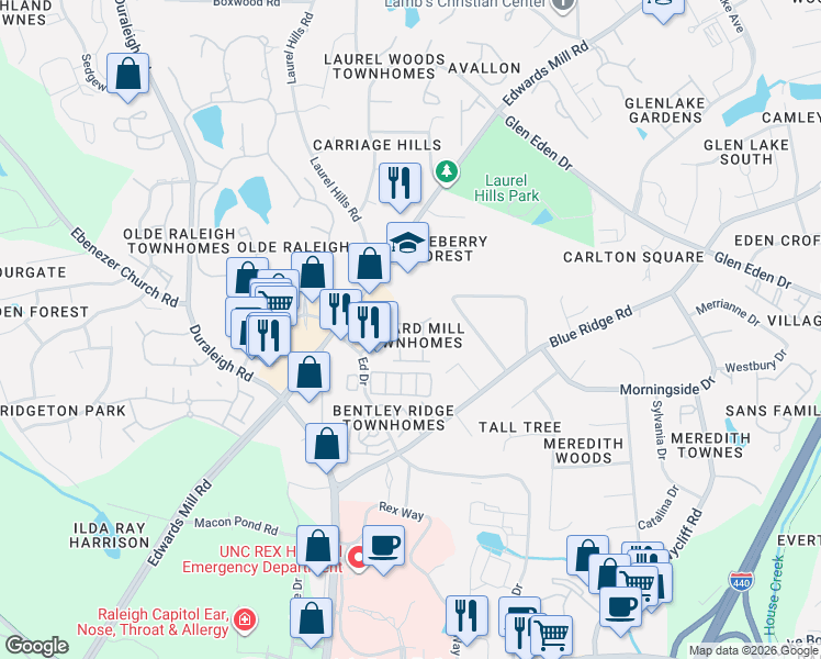 map of restaurants, bars, coffee shops, grocery stores, and more near 3513 Edgemont Drive in Raleigh