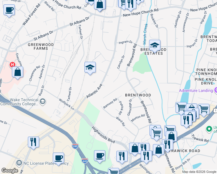 map of restaurants, bars, coffee shops, grocery stores, and more near 3108 Merrill Court in Raleigh