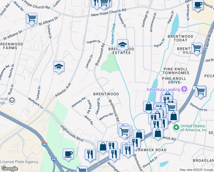 map of restaurants, bars, coffee shops, grocery stores, and more near 3308 Barker Place in Raleigh