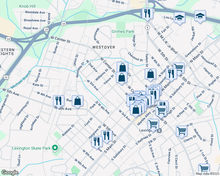 map of restaurants, bars, coffee shops, grocery stores, and more near 301 West 2nd Avenue in Lexington