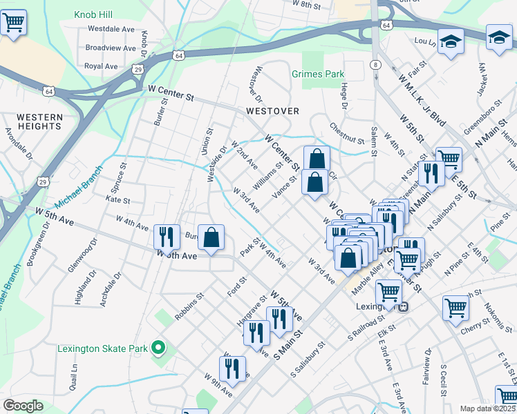 map of restaurants, bars, coffee shops, grocery stores, and more near 230 Vance Street in Lexington