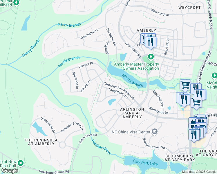 map of restaurants, bars, coffee shops, grocery stores, and more near 348 Longchamp Lane in Cary