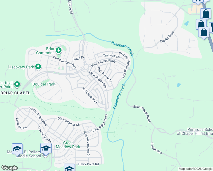 map of restaurants, bars, coffee shops, grocery stores, and more near 1517 Great Ridge Parkway in Chapel Hill