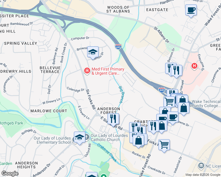 map of restaurants, bars, coffee shops, grocery stores, and more near 3300 Cheswick Drive in Raleigh