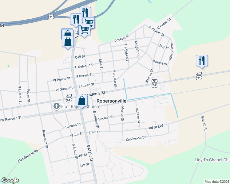 map of restaurants, bars, coffee shops, grocery stores, and more near 309 East Academy Street in Robersonville