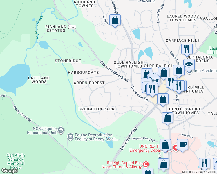 map of restaurants, bars, coffee shops, grocery stores, and more near 3109 Stone Gap Court in Raleigh