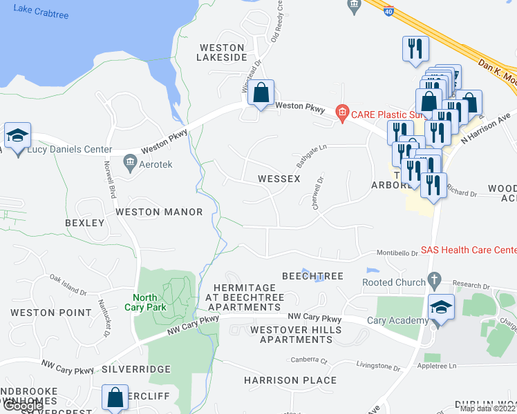 map of restaurants, bars, coffee shops, grocery stores, and more near 405 Bathgate Lane in Cary