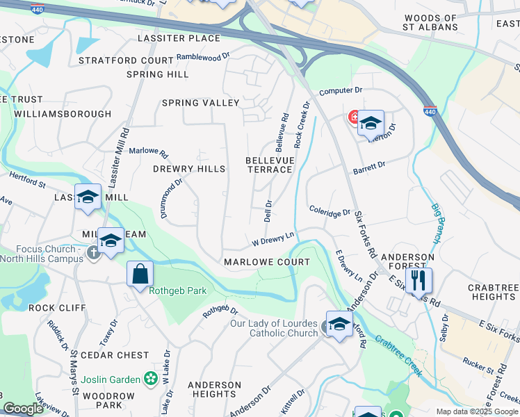 map of restaurants, bars, coffee shops, grocery stores, and more near 3184 Rock Creek Drive in Raleigh