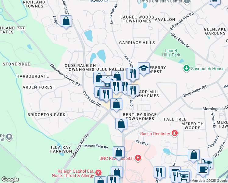 map of restaurants, bars, coffee shops, grocery stores, and more near 3201 Edwards Mill Road in Raleigh