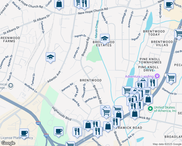 map of restaurants, bars, coffee shops, grocery stores, and more near 3308 Barker Place in Raleigh