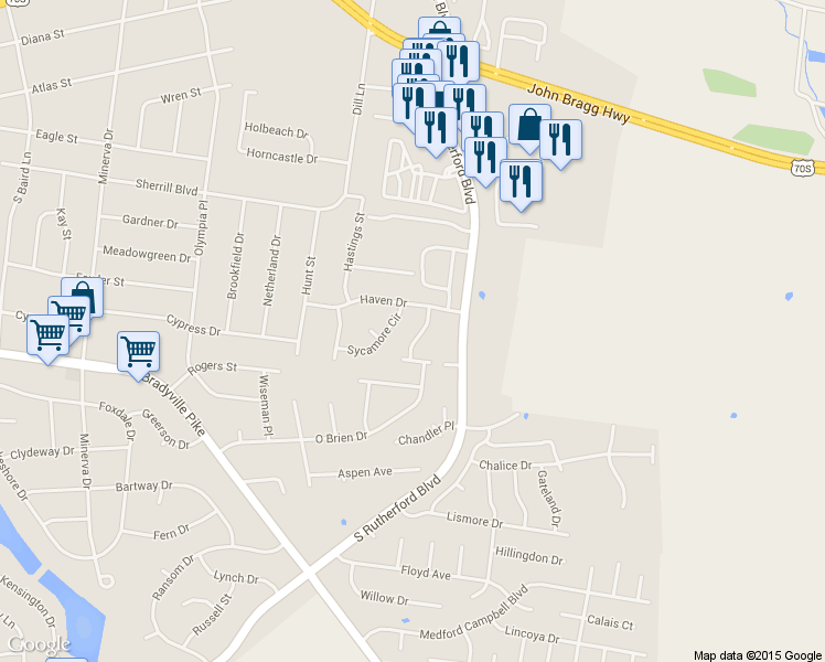 map of restaurants, bars, coffee shops, grocery stores, and more near 2315 Richmond Avenue in Murfreesboro