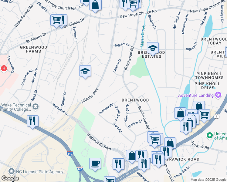 map of restaurants, bars, coffee shops, grocery stores, and more near 3205 Julian Drive in Raleigh